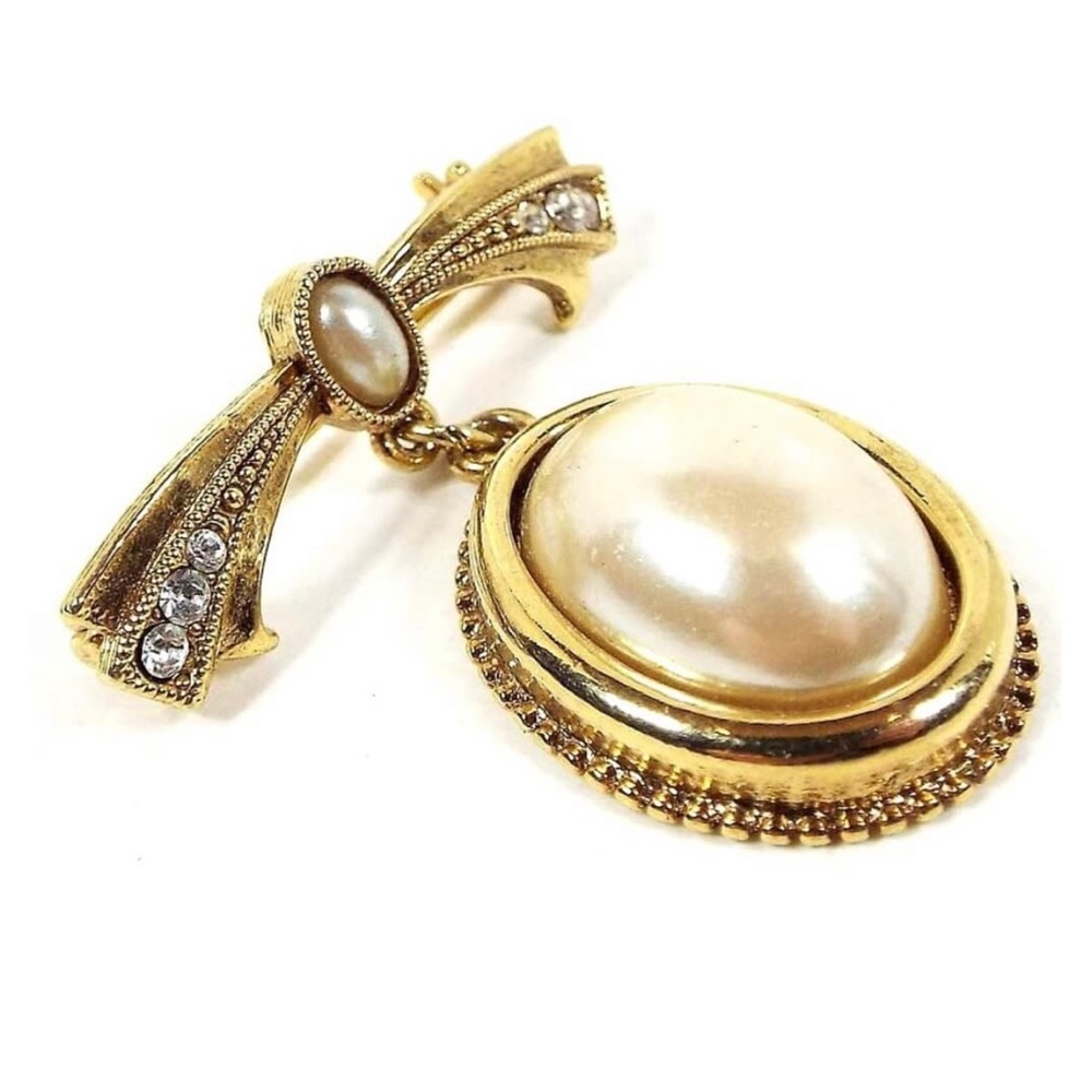 Vintage Faux Pearl & Rhinestone Drop Brooch Pin - Picture 2 of 9